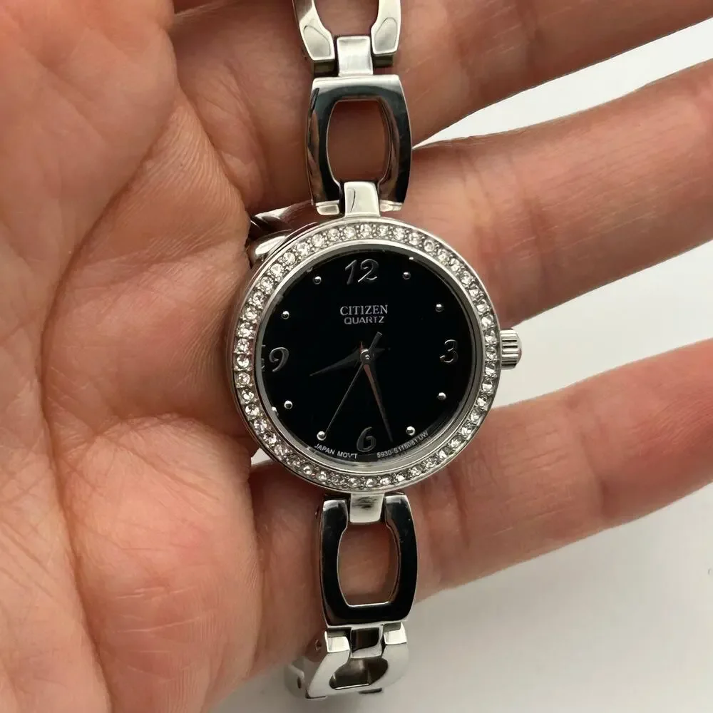 Citizen Silver Tone Black Dial Crystal Bezel Women’s Watch Working New Battery